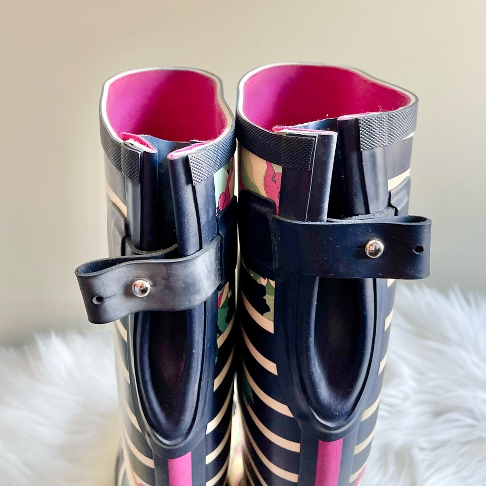 Joules Tall Welly Knee High Rain Boots - Navy Floral Stripe - Picture 6 of 7